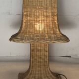 Rattan wicker "Pagoda" mushroom table lamp, Dutch 1980s