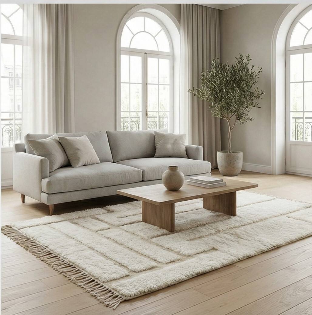 White Moroccan rug with a graphic pattern.
