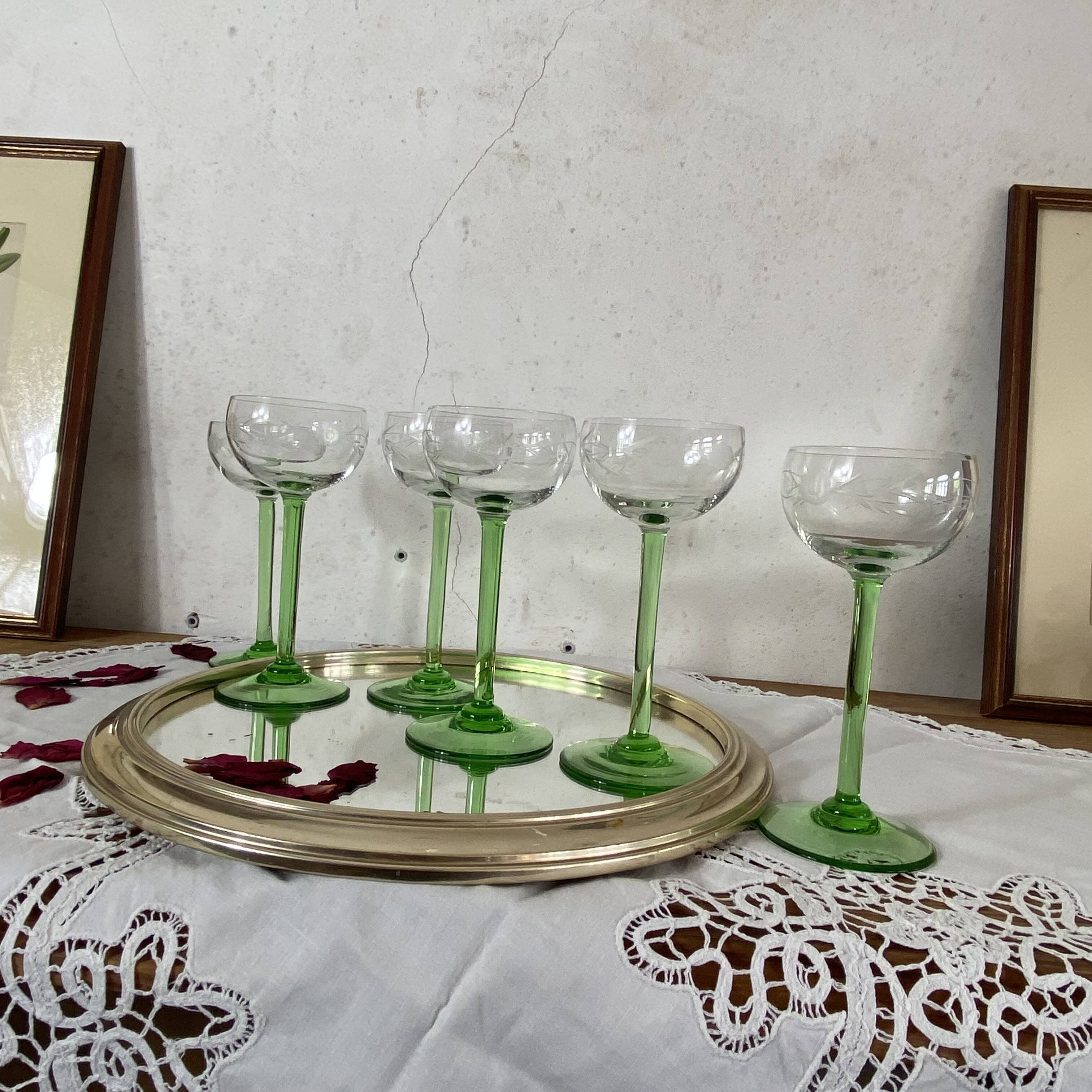 6 Alsace green footed crystal wine glasses engraved