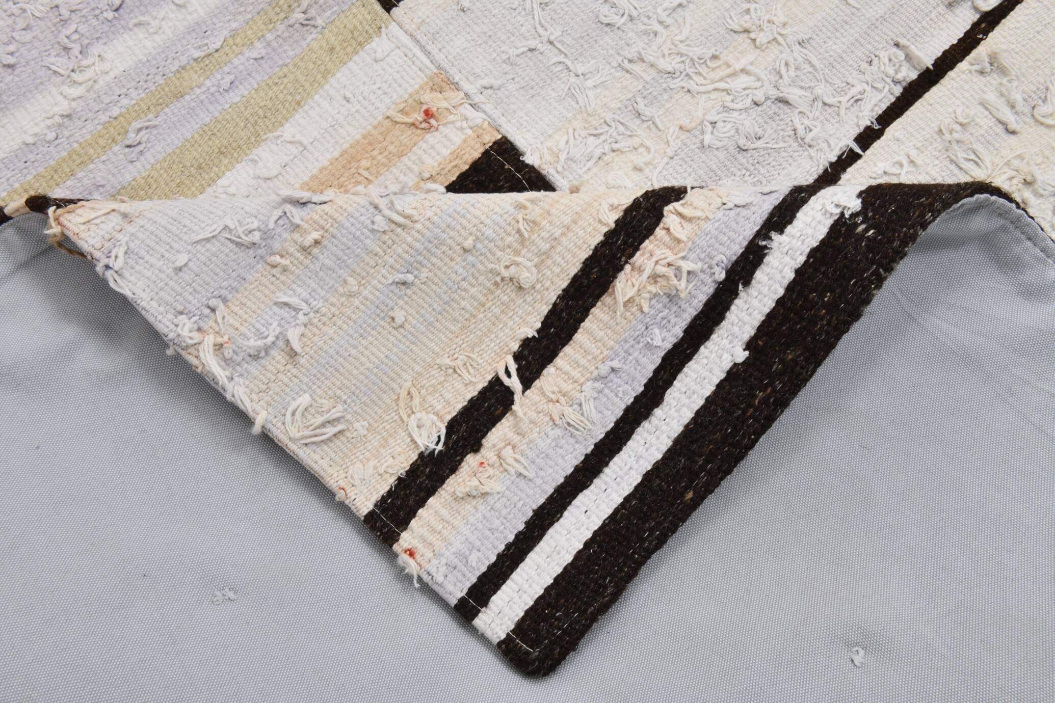 7x9 Brown Cream Striped Handmade Vintage Kilim Rug, 204x279Cm