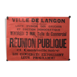 Public Meeting Poster "Union of leftists and Democratic Action" - City of Langon - 1930s