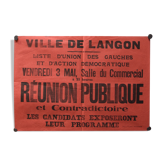 Affiche réunion publique "union des gauches et action démocratique" - ville de langon - années 1930