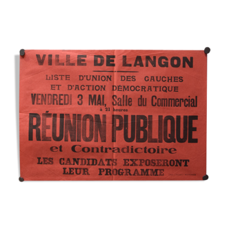 Affiche réunion publique "union des gauches et action démocratique" - ville de langon - années 1930