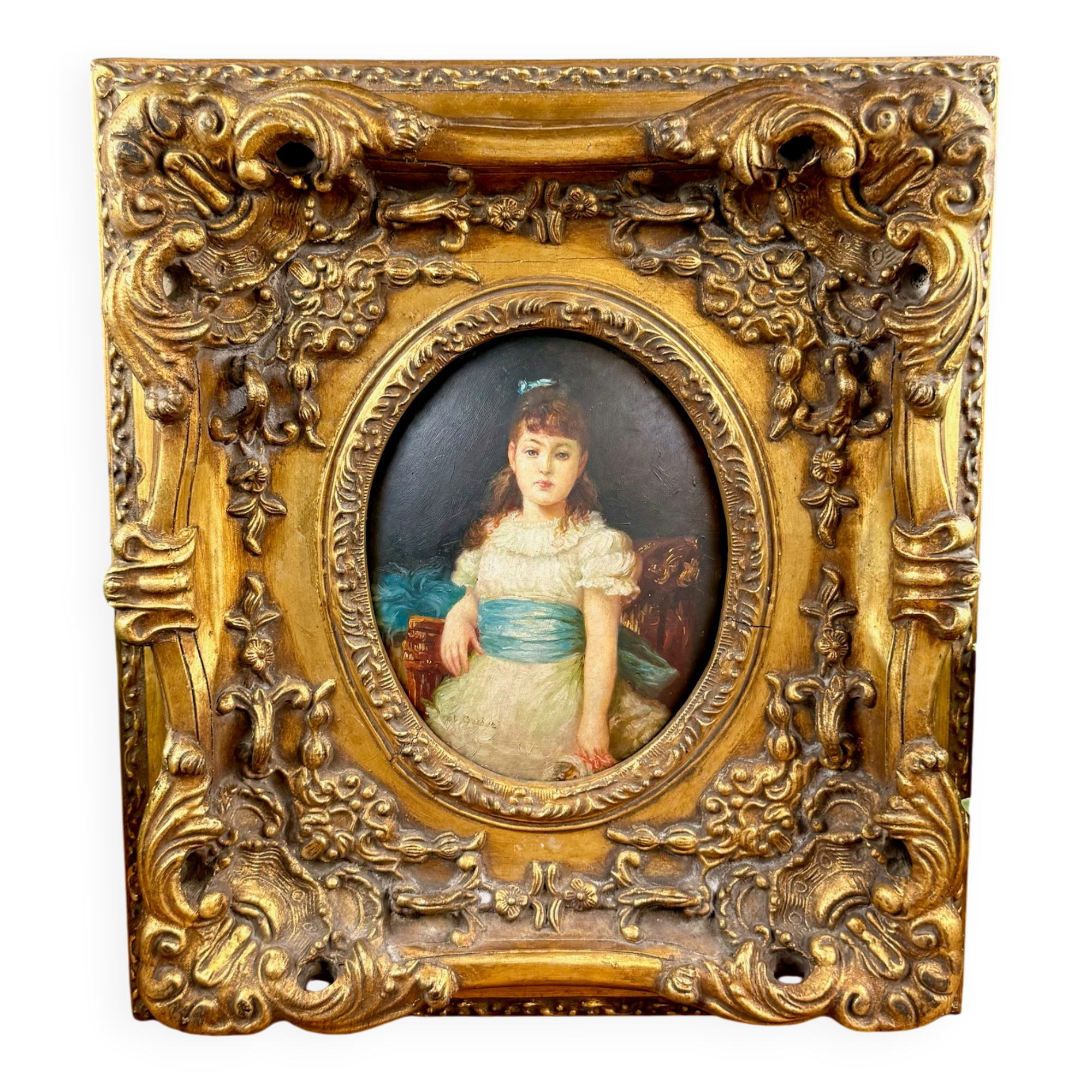 Old painting on wood signed Becker (?) – Portrait of a child