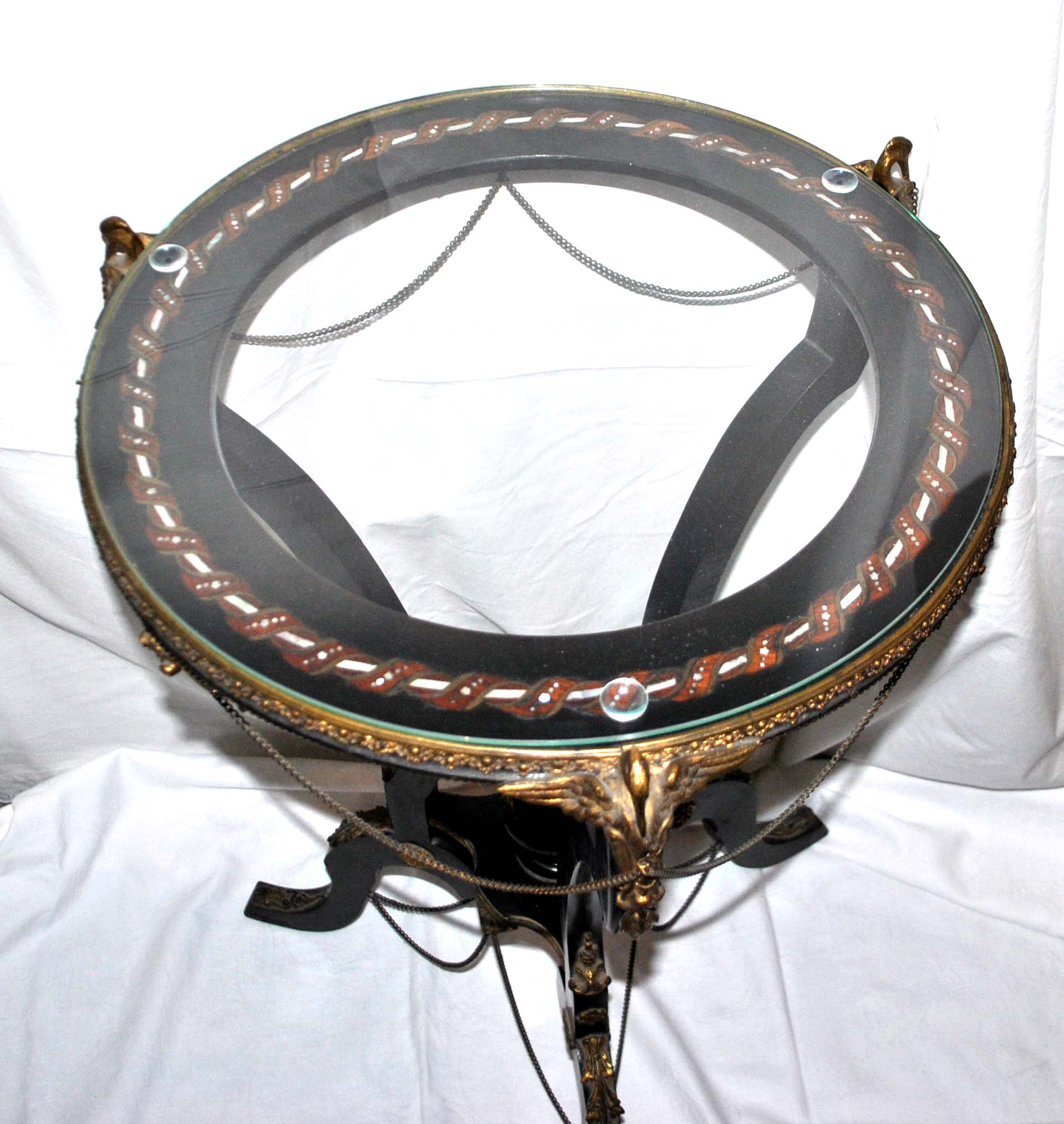 Napoleon III Gueridon Table blackened wood and gilded bronze swan - Mother-of-pearl marquetry top 19th century.