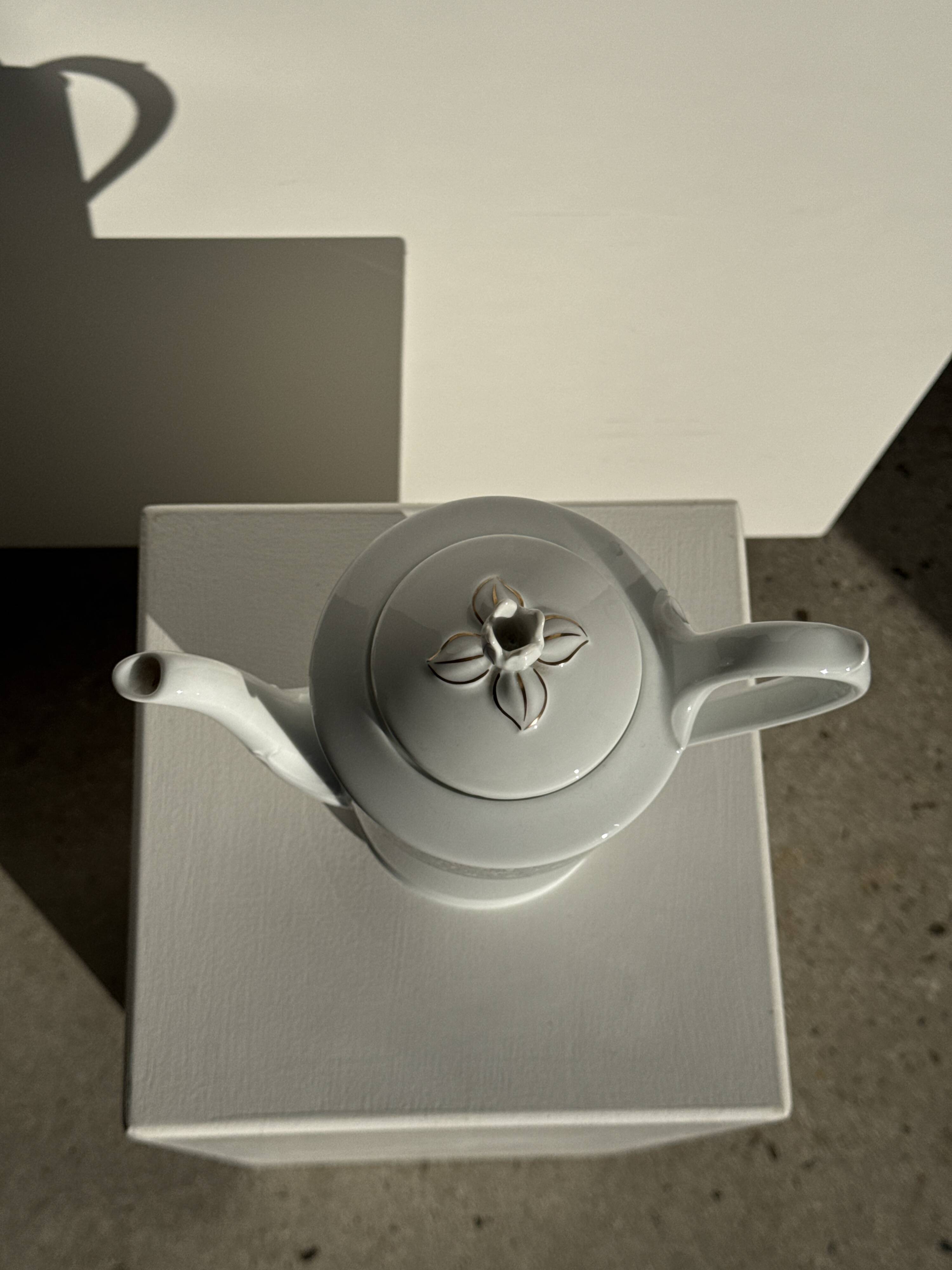 Bavarian porcelain teapot from Germany with blue frieze and flower lid H23