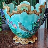 Old Cache Pot Barbotine Decor Warbler Bird Flowers Onnaing