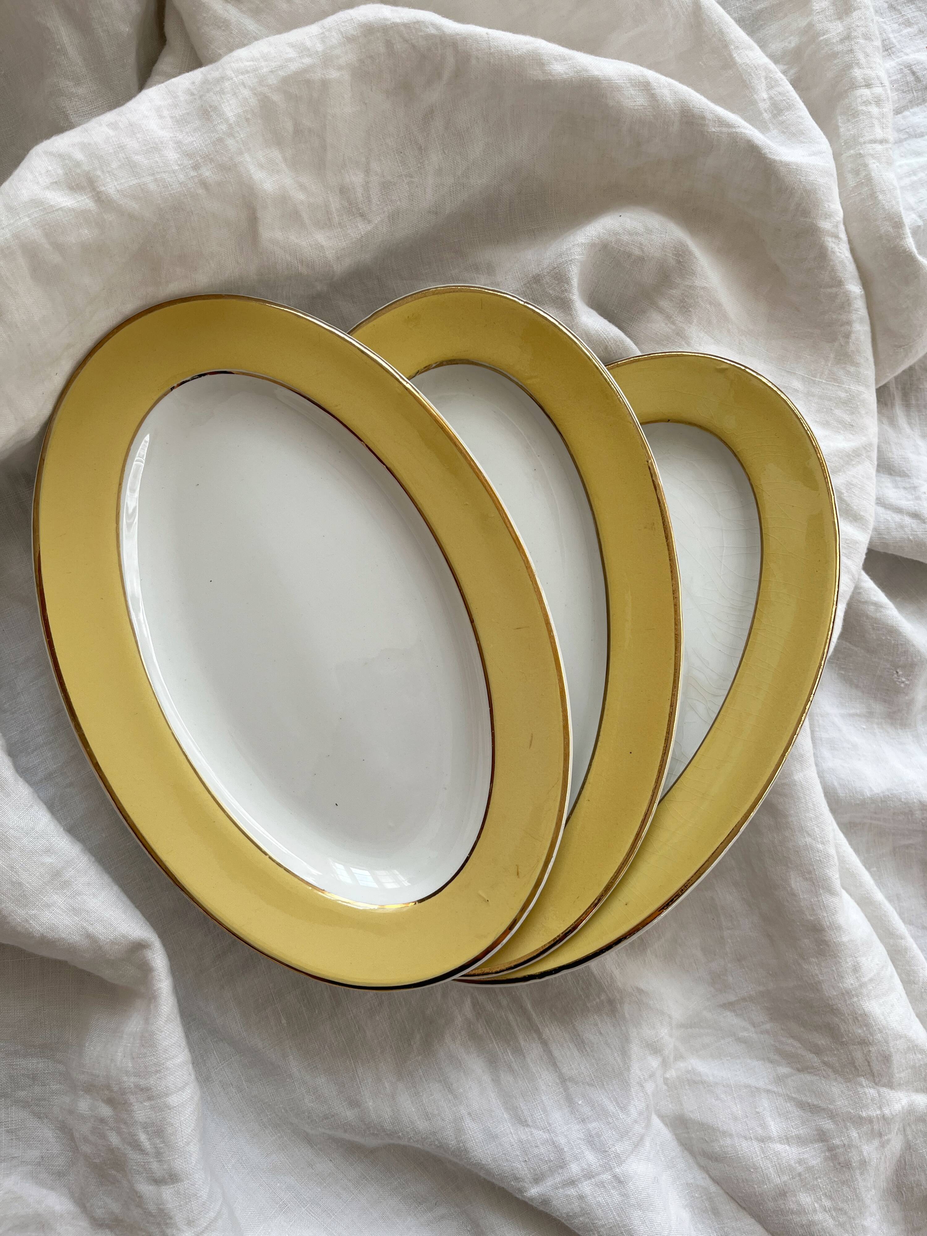 3 vintage yellow earthenware dishes with gold trim L'amandinoise