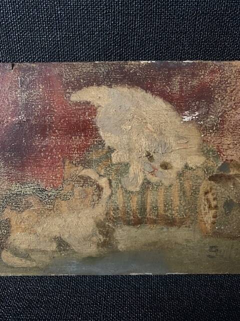 Small old signed painting, scene of cats, oil on panel, 1900