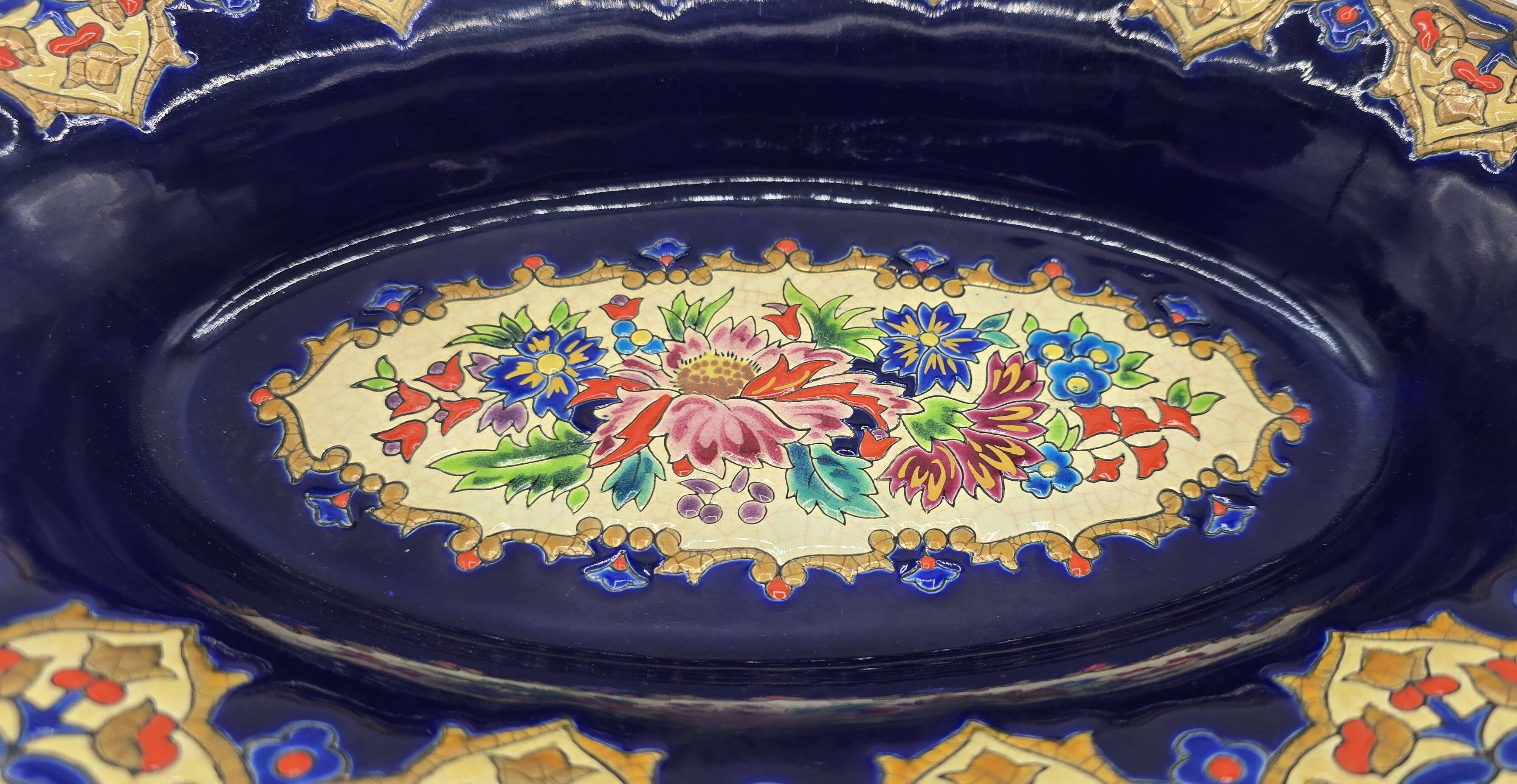 Oval dish in glazed earthenware by M. P. Chevallier, Manufacture des Émaux
