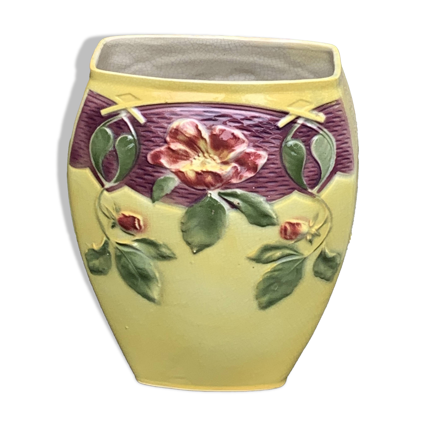 Yellow glazed ceramic slip vase with hawthorn pink flower motif