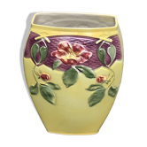 Vase en barbotine ceramique émaillée jaune, motif de fleurs roses aubépines