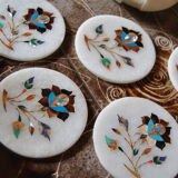Set of 5 marble and inlaid stone coasters - Artisanal