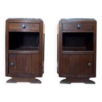 Pair of bedside tables – Art Deco period – Solid oak and marble
