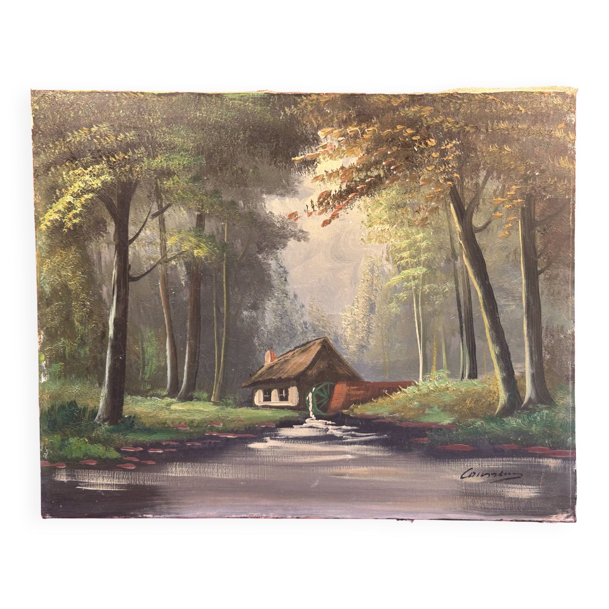 oil on canvas signature to be identified, Sawmill in the undergrowth