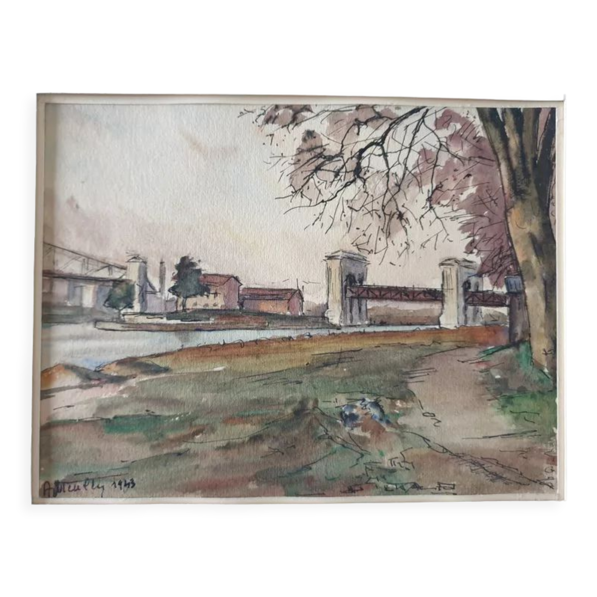André Duculty (1912-1990) Watercolor on paper "Bord de Seine à Suresnes" Signed lower left