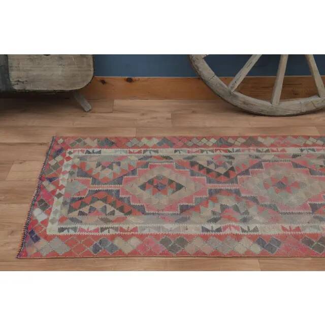 1970s Vintage Turkish Handmade Wool & Cotton Pink Runner Rug