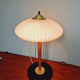 Large Scandinavian table lamp in white opaline glass and teak