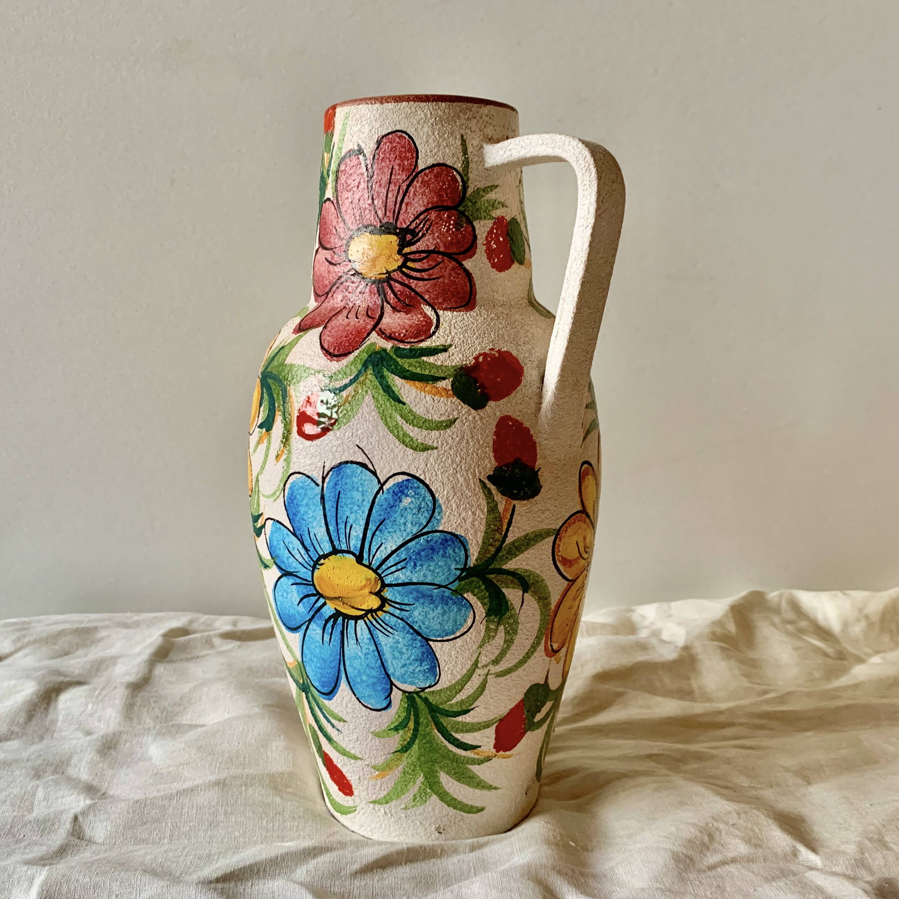 Large vintage ceramic vase - hand-painted floral decoration - Italy