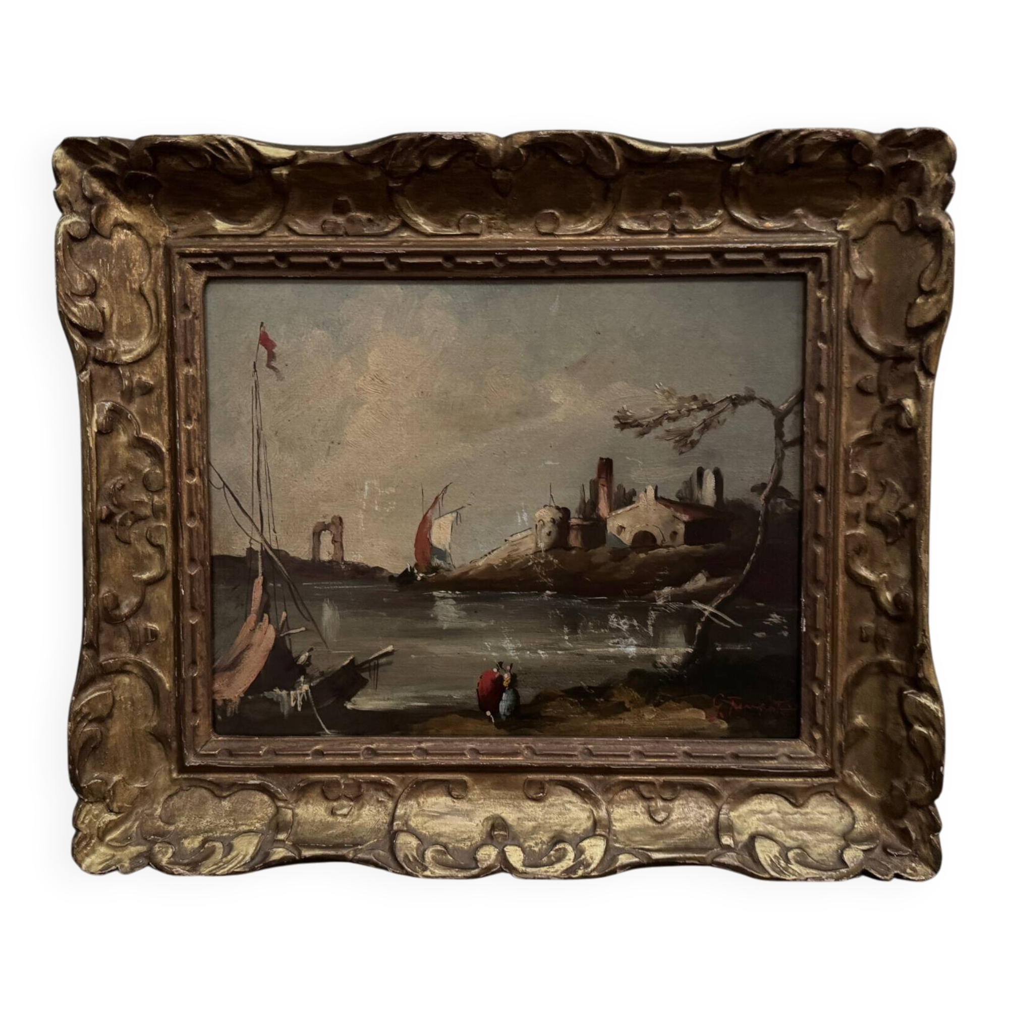 Oil on panel, port scene, late 19th century, gilded frame