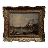 Oil on panel, port scene, late 19th century, gilded frame