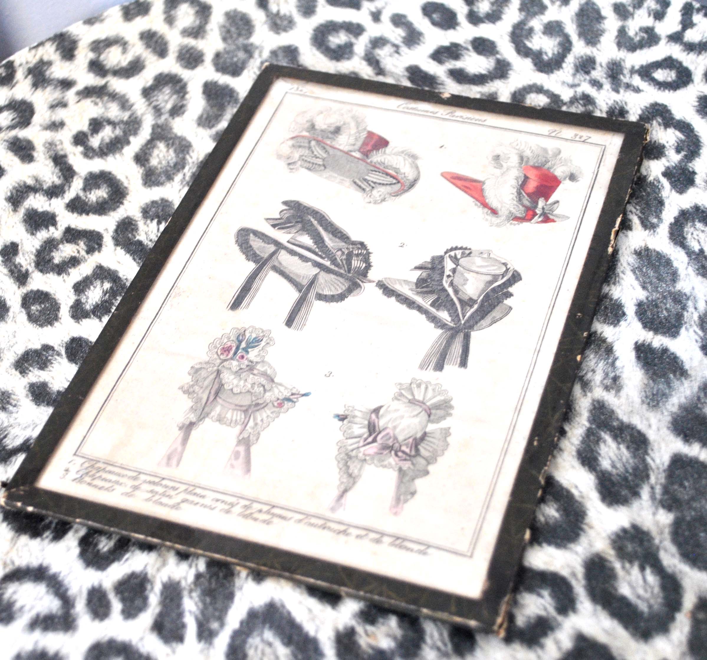 Old fashion engraving Empire 1827 "Parisian Costumes" Satin hats, velvet, blonde