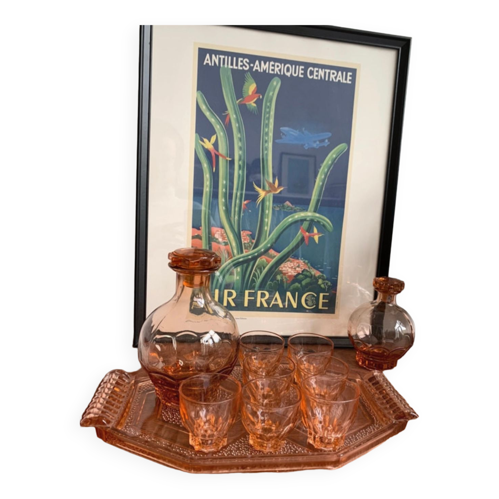 Vintage pink glass liqueur set