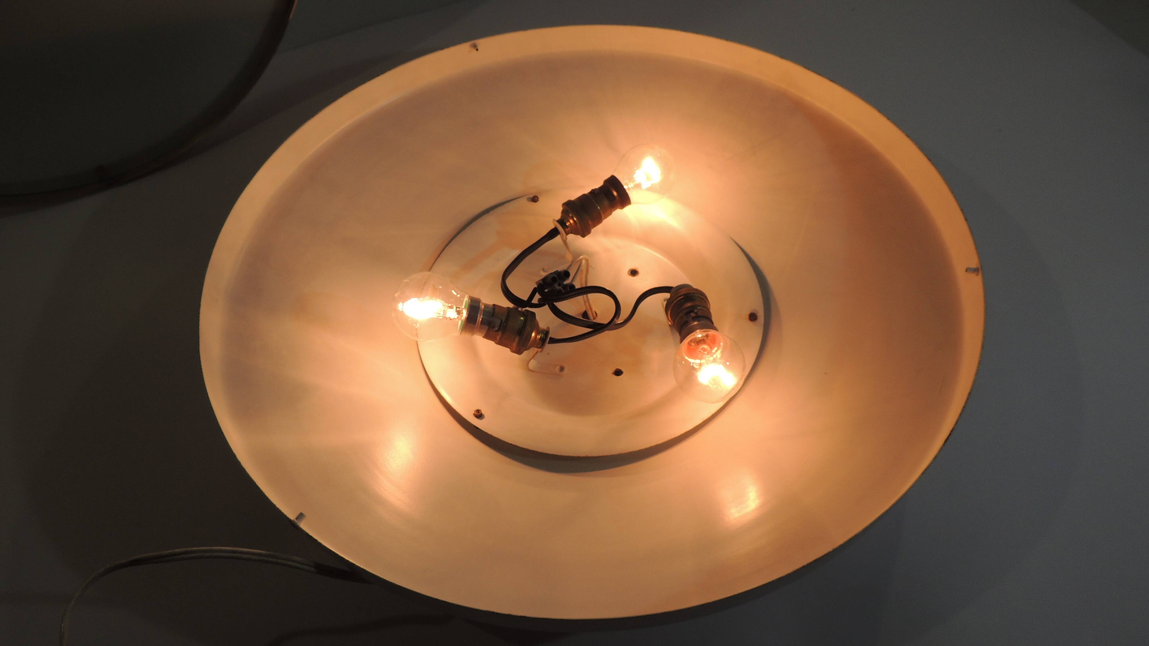 Large vintage ceiling light in opaline glass and brass – Arne Jacobsen style