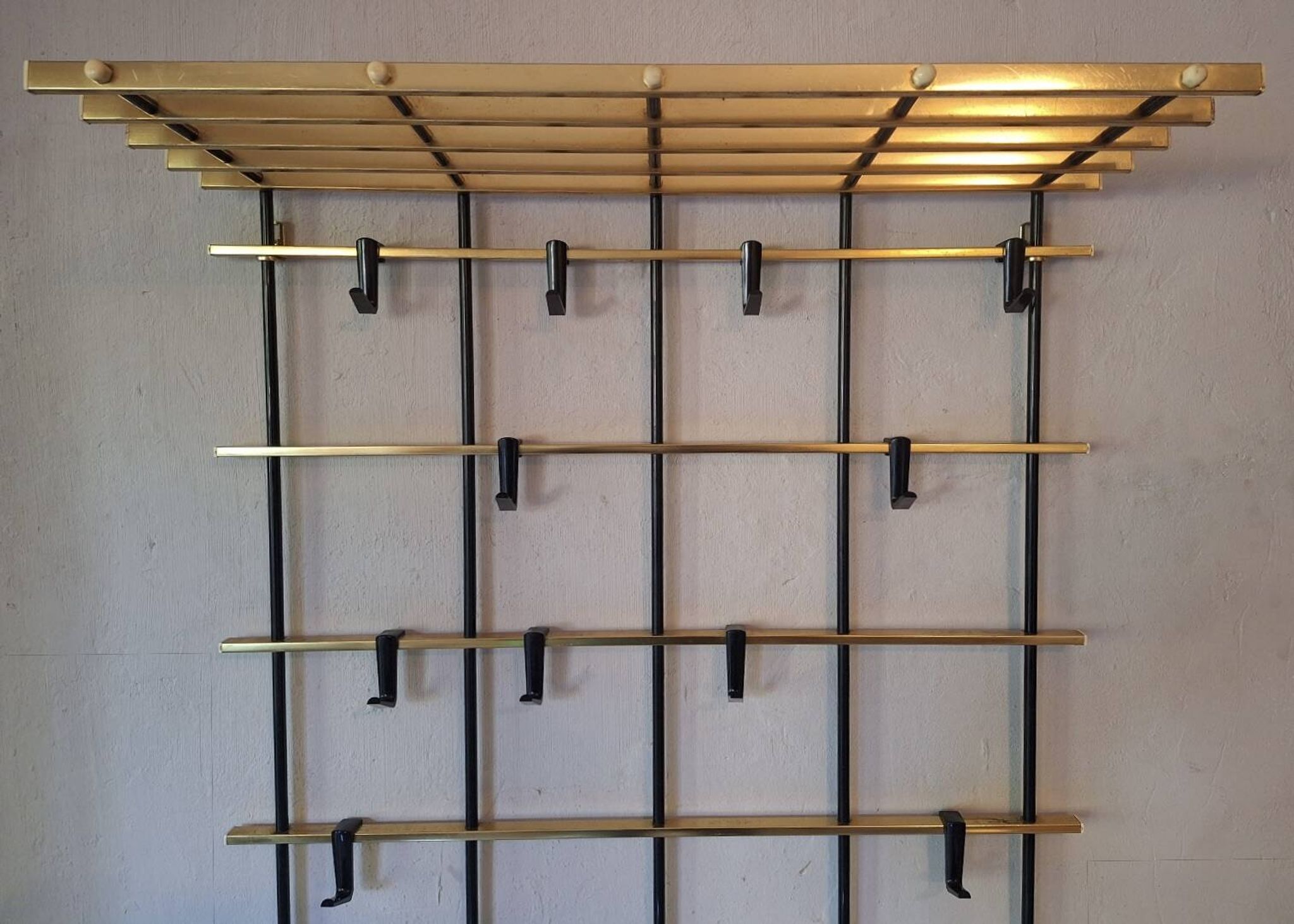 Wall mounted brass and metal coat and hat rack, 1960s