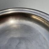Round silver-plated metal serving dish with hallmark