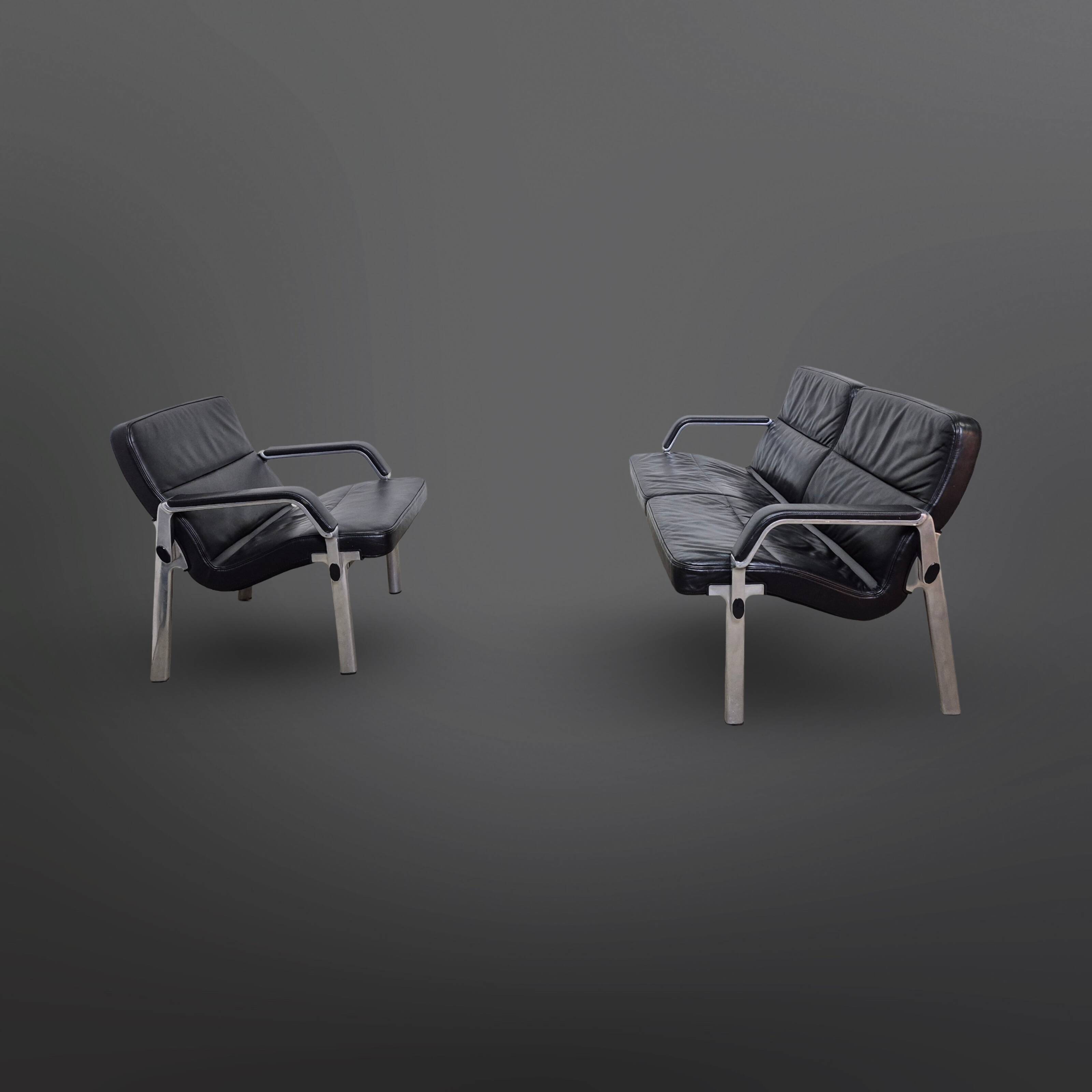 Postmodern black leather seating group, Germany 1980s