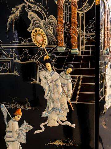 Chinese export black lacquer and mother-of-pearl folding screen, mid-20th century