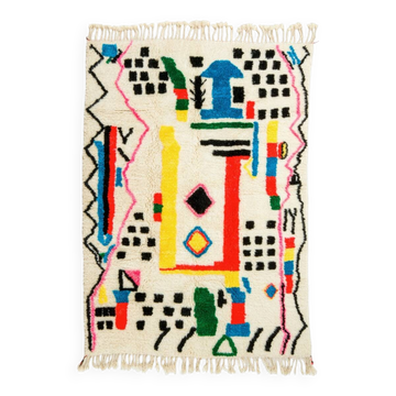 White Azilal Berber rug with fluorescent multi-colored patterns