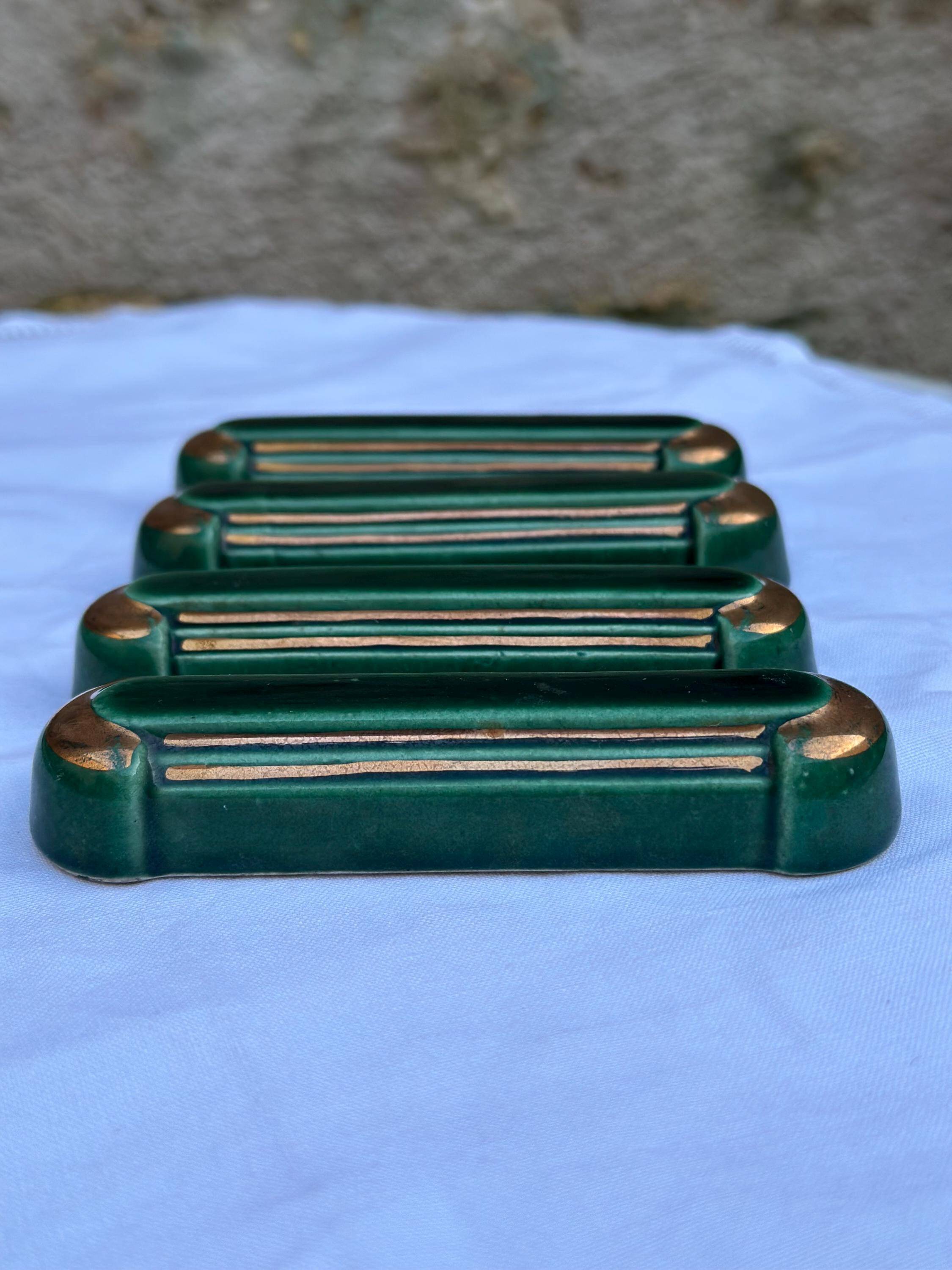 4 porte-couteaux vintage style Art Déco, émail vert émeraude et or