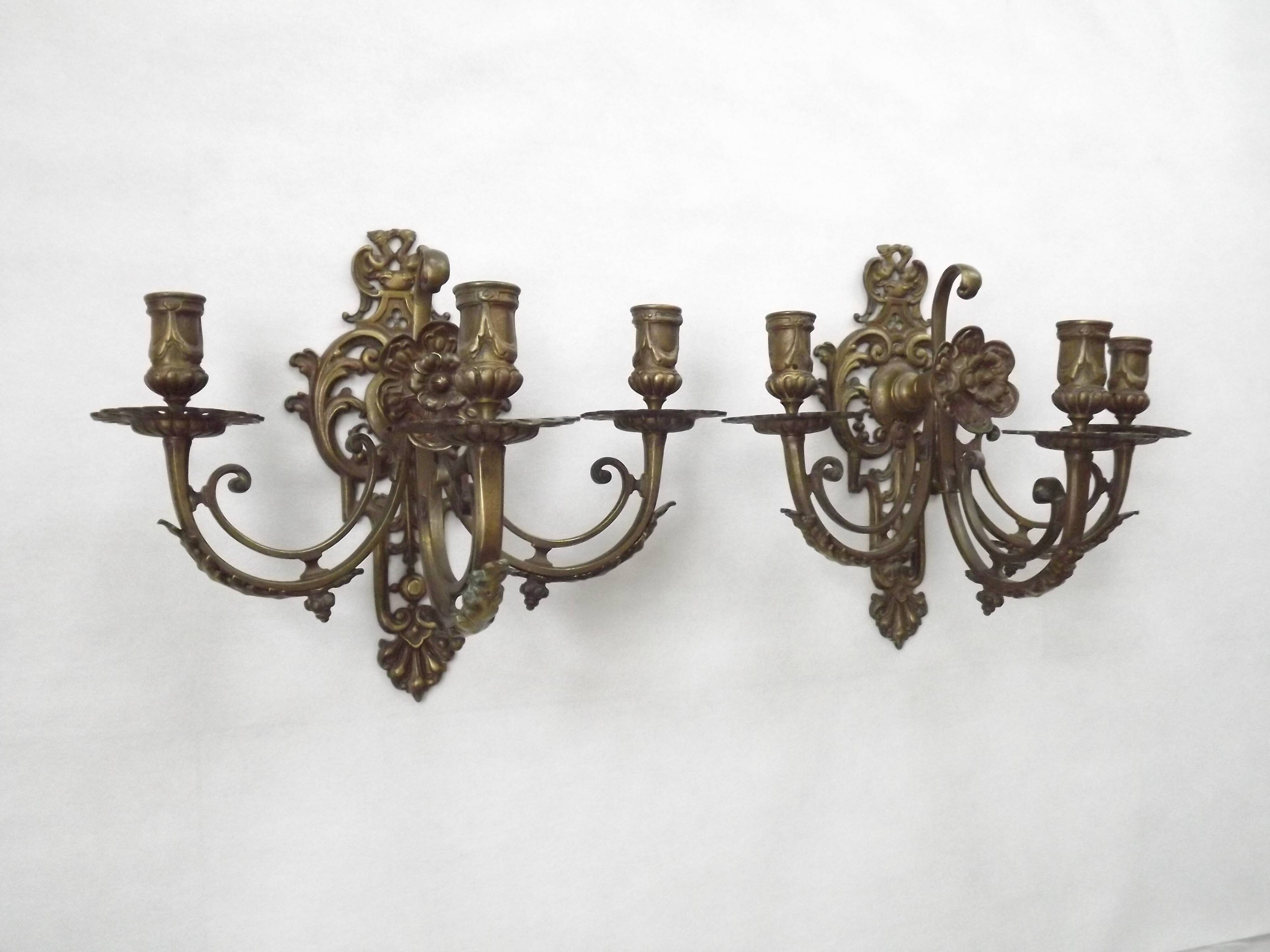 Pair of Heavy Victorian Bronze Triple Wall Sconces Griffin & Flower Detail