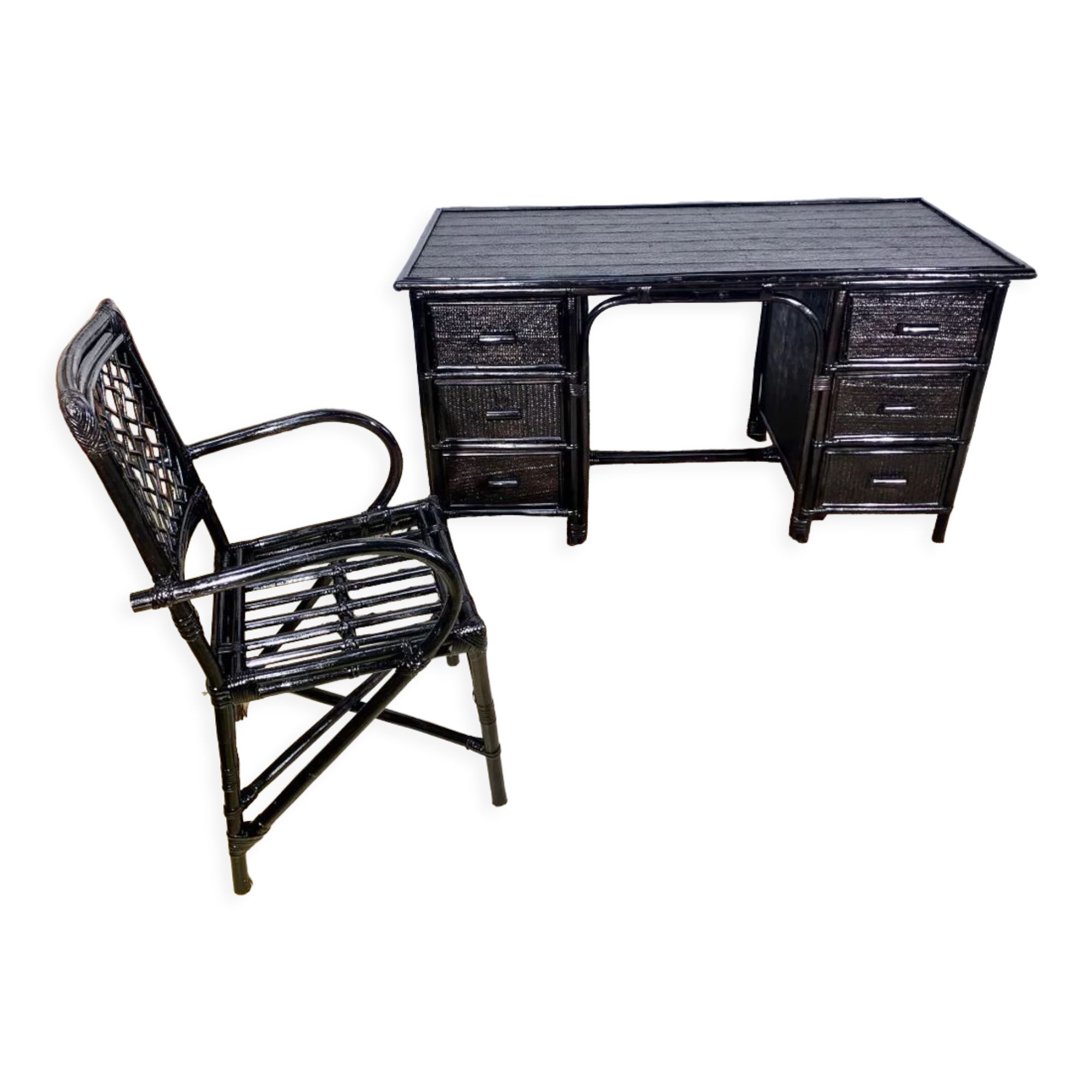 Desk and office chair in bamboo and black lacquered rattan, 60s, 70s