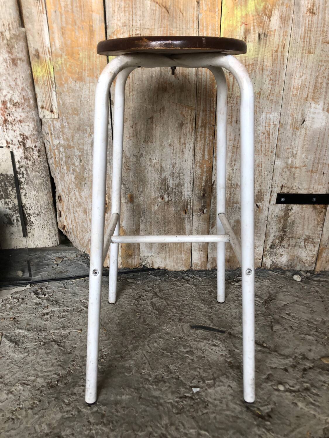 Bar Stool White Metal Leg + Vintage Brown Wood Seat #A352