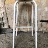 Bar Stool White Metal Leg + Vintage Brown Wood Seat #A352