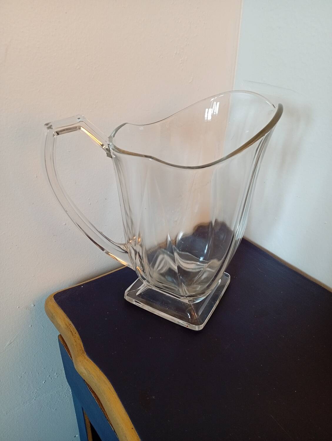 Vintage Art Deco style heavy crystal pitcher, square base.