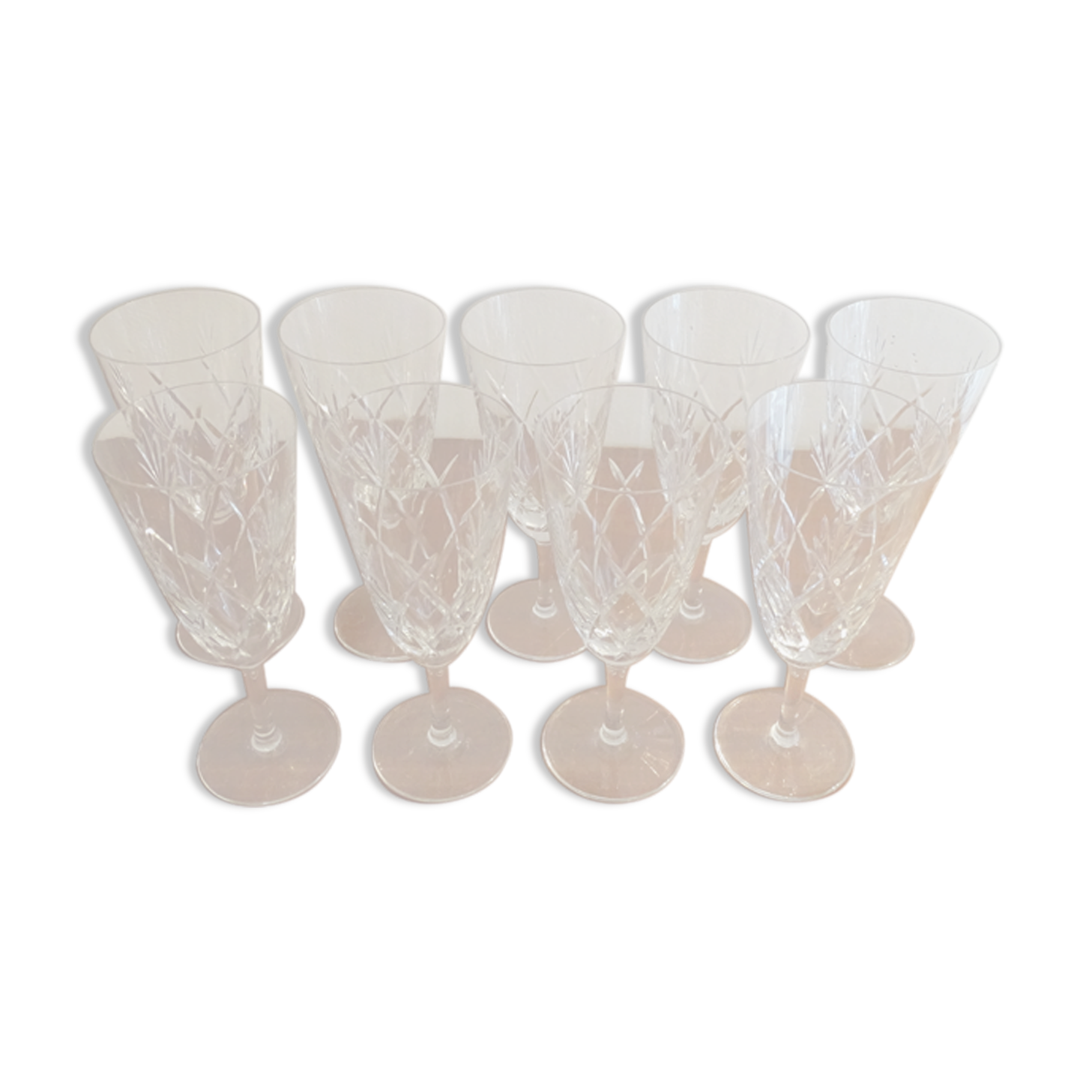 9 Bayel crystal champagne flutes signed, cut crystal.