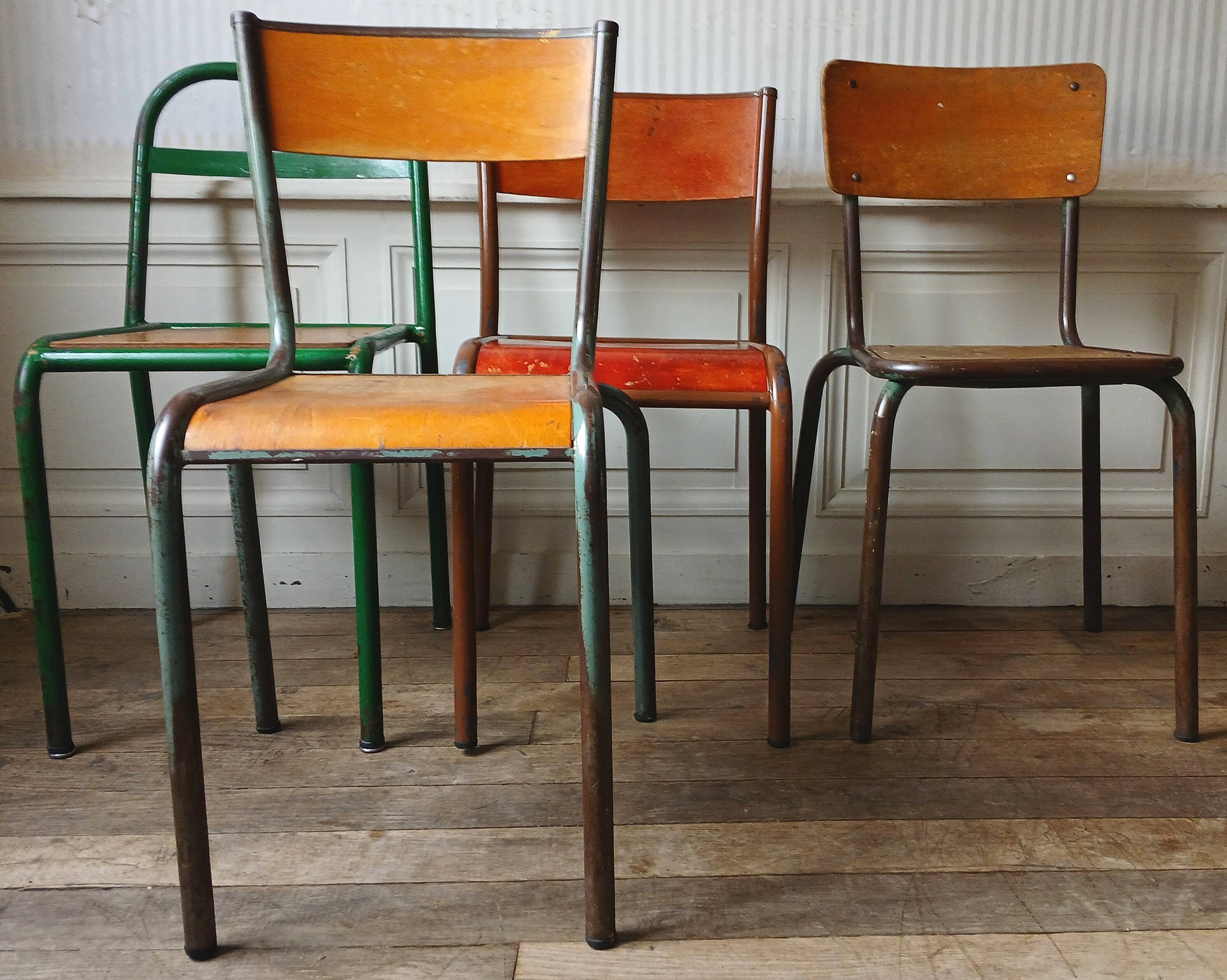 4 mismatched metal & wood chairs