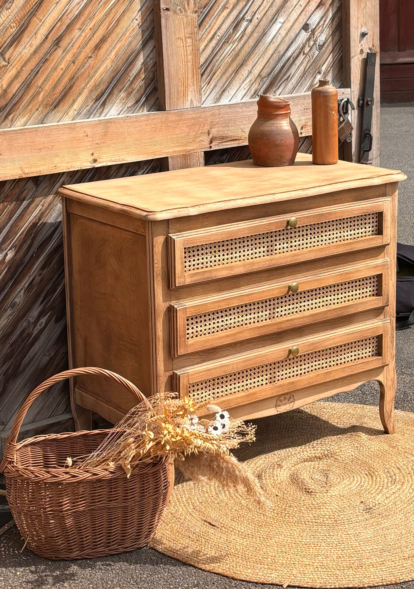 Antique oak commode with cane work - 3 drawers