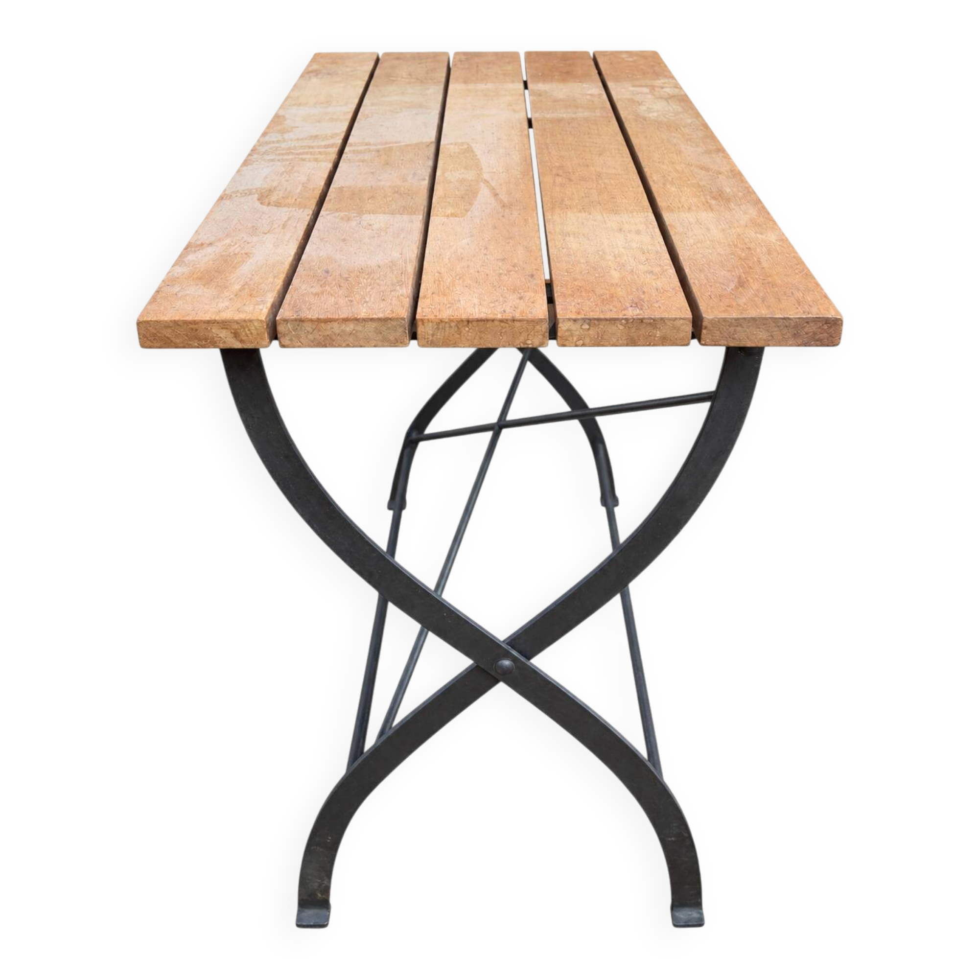 Vintage folding table in wood and black metal – slatted top