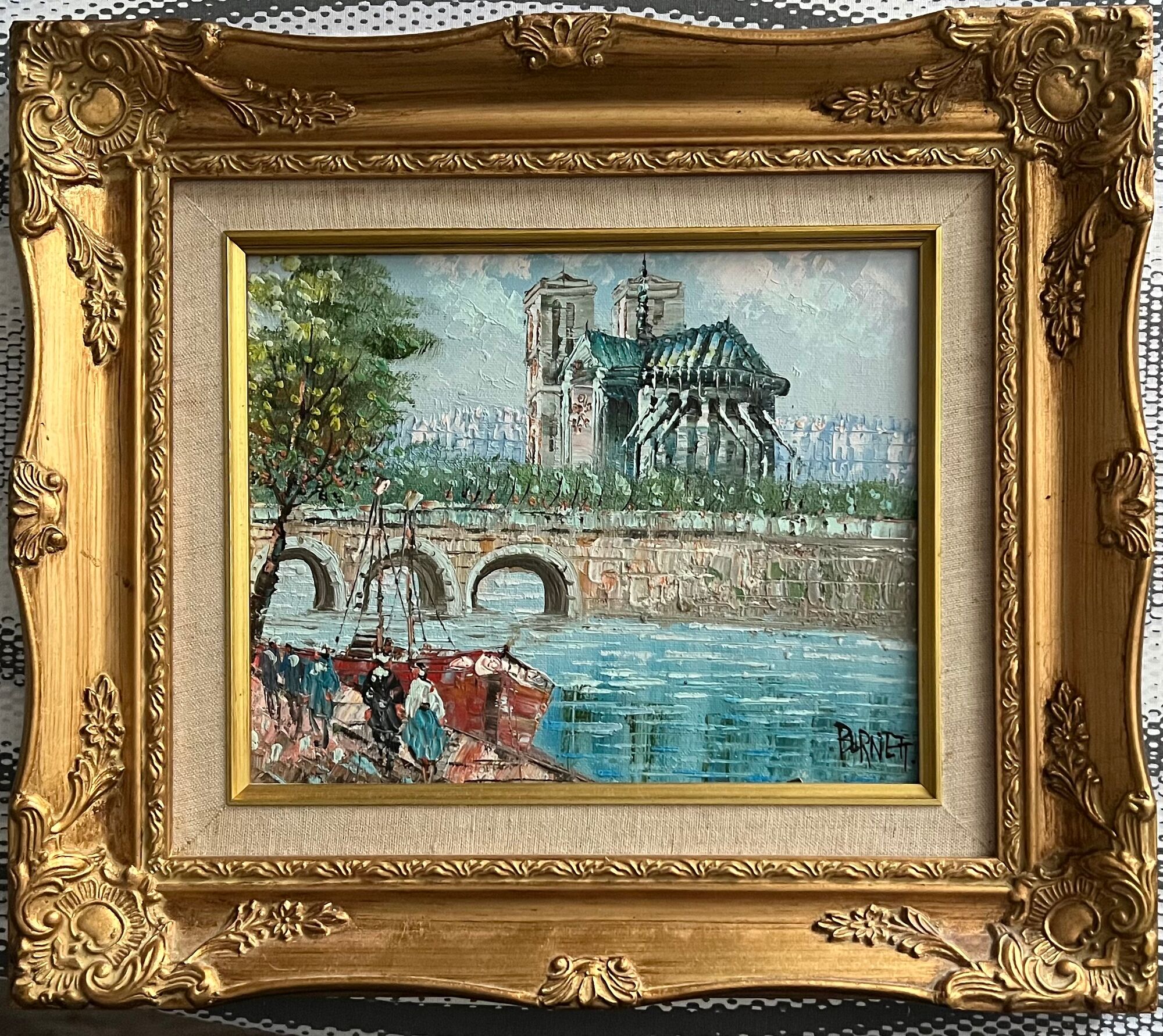 Notre Dame seen from the wharf by Burnett Oil on canvas cardboard