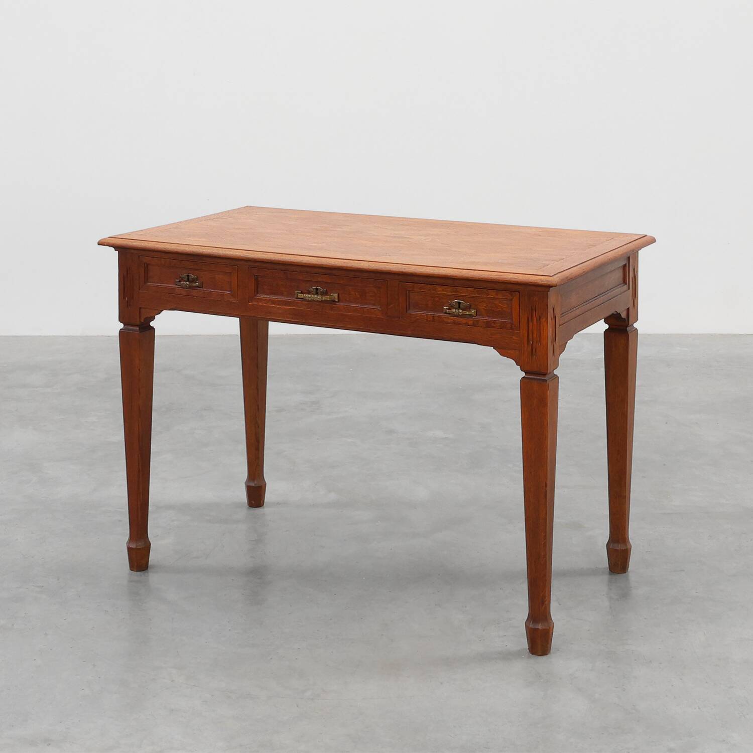 Art Deco carved oak Desk or Table with copper details, Belgium 1920s