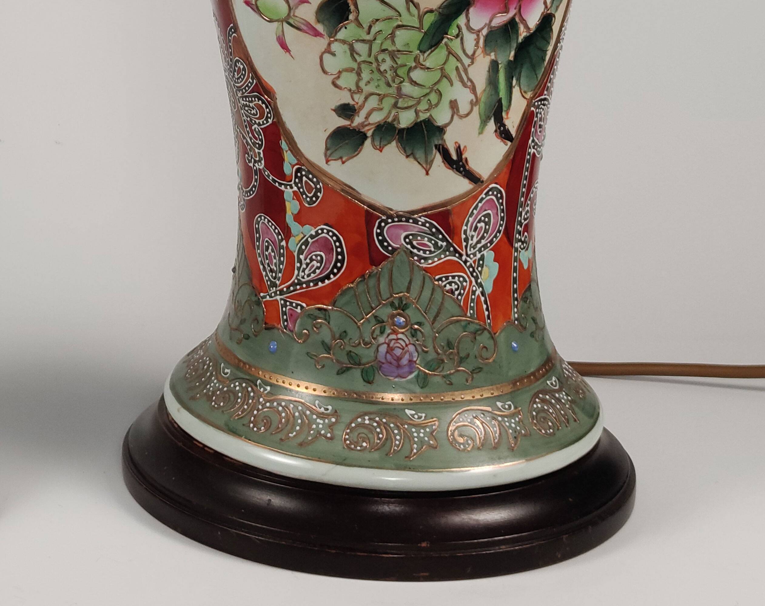 Pair Of XL Vintage Hand-Painted Chinese Floral Pottery Lamps