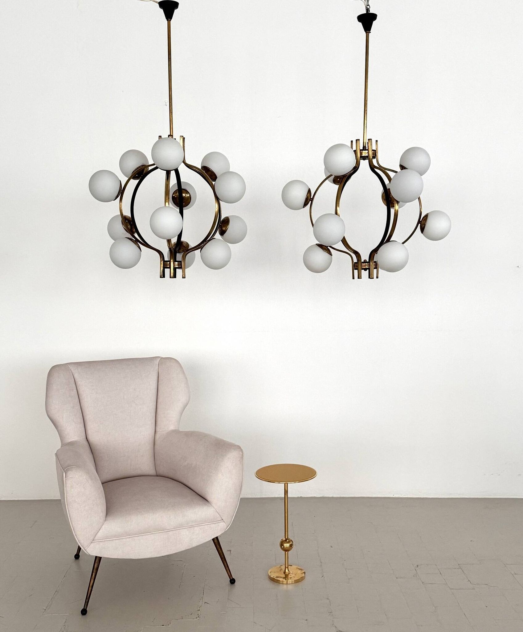 Stilnovo Italian Midcentury Chandelier, Brass & Opaline Glass, 1950s