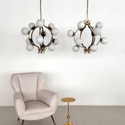 Stilnovo Italian Midcentury Chandelier, Brass & Opaline Glass, 1950s