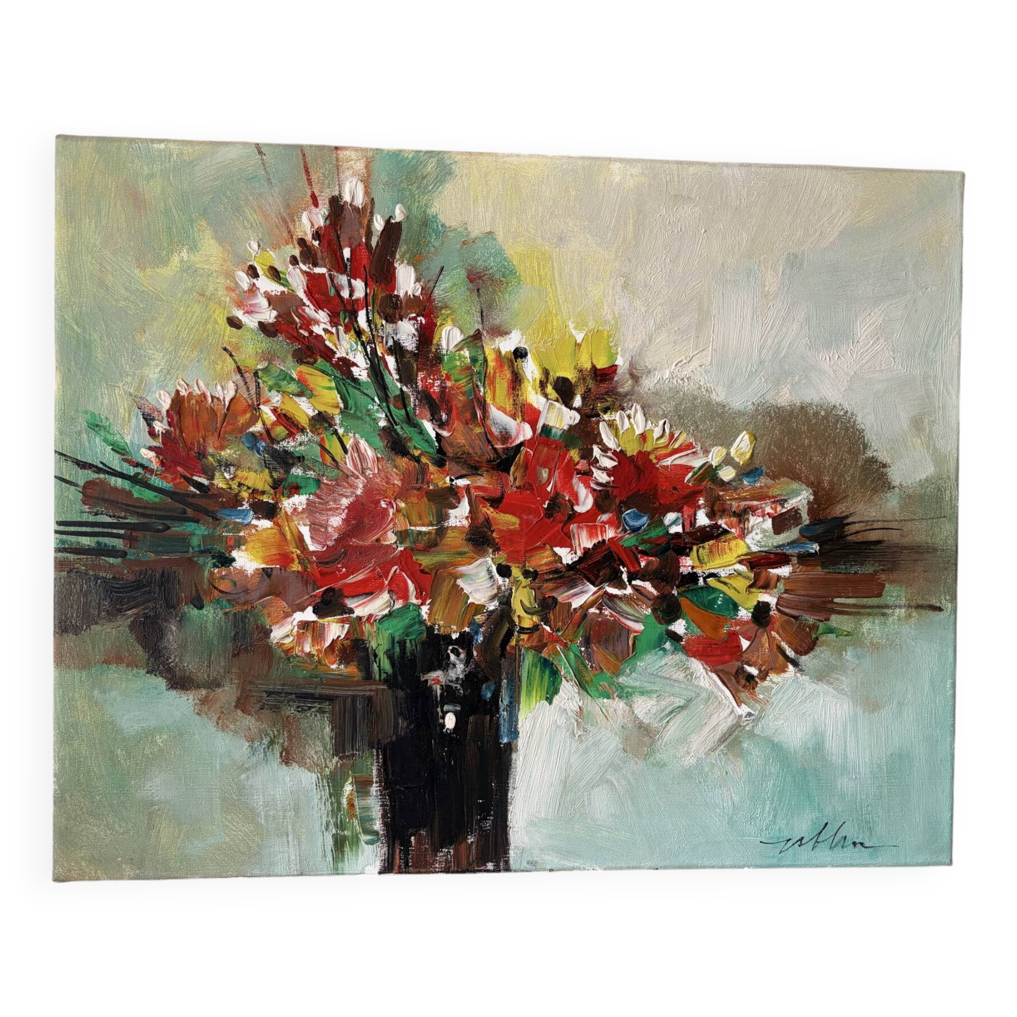 Bouquet de fleurs au couteau, signé