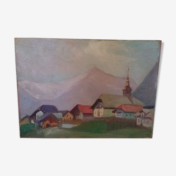 Tableau peinture huile sur panneau paysage de montagne